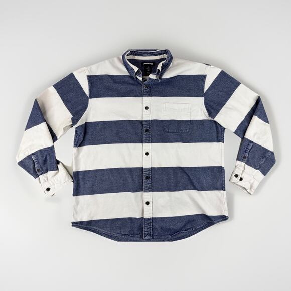 Lands’ End Mens L Traditional Fit Button Down Shirt Navy White Rugby Stripe - Picture 1 of 14